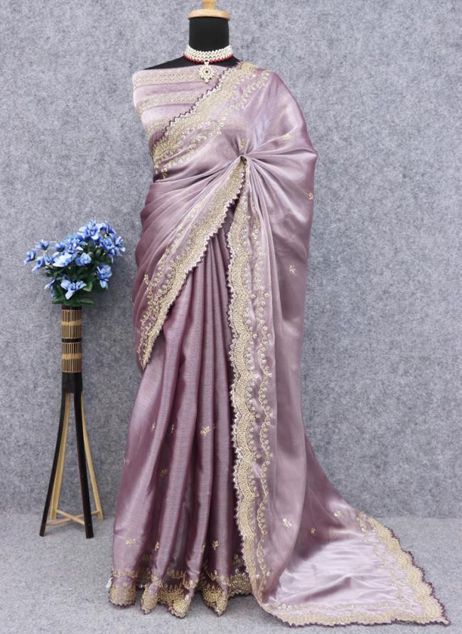 Burburry Silk Lilac Party Wear Embroidery Work Saree